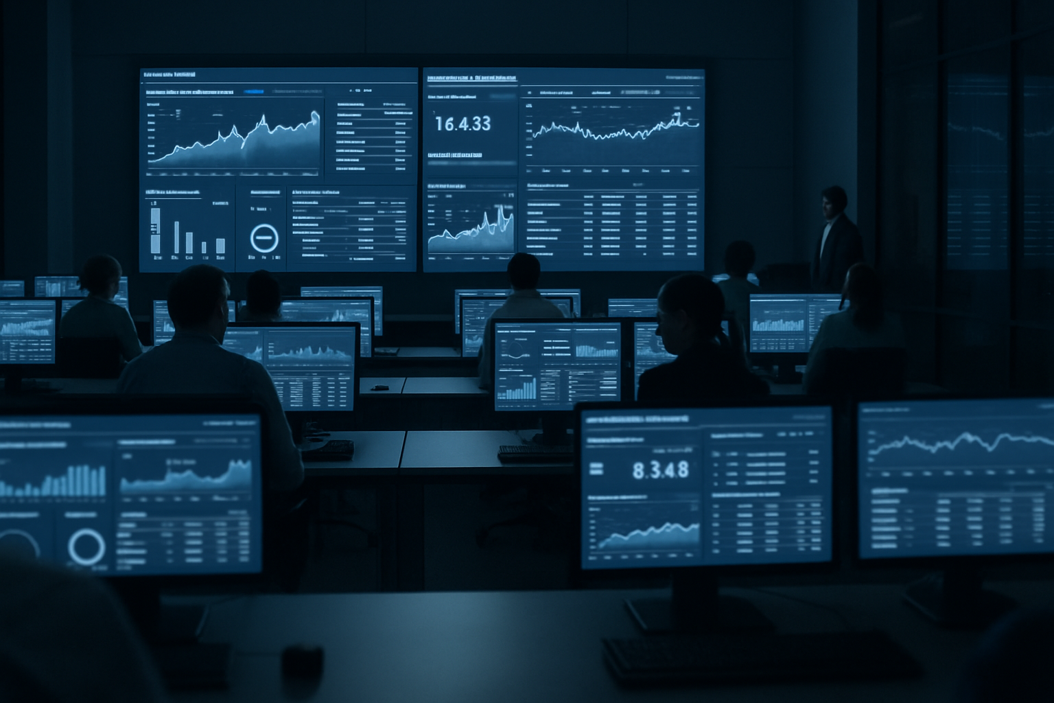 rows of computer workstations in a dimly lit data operations center displaying real-time insurance claims dashboards with scrolling figures