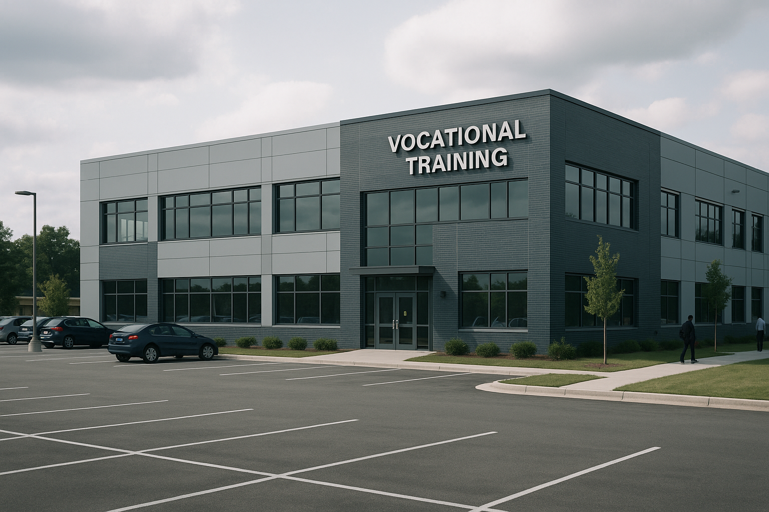 exterior of a newly constructed vocational training campus building on a suburban Maryland street, signage visible, parking lot in the foreground