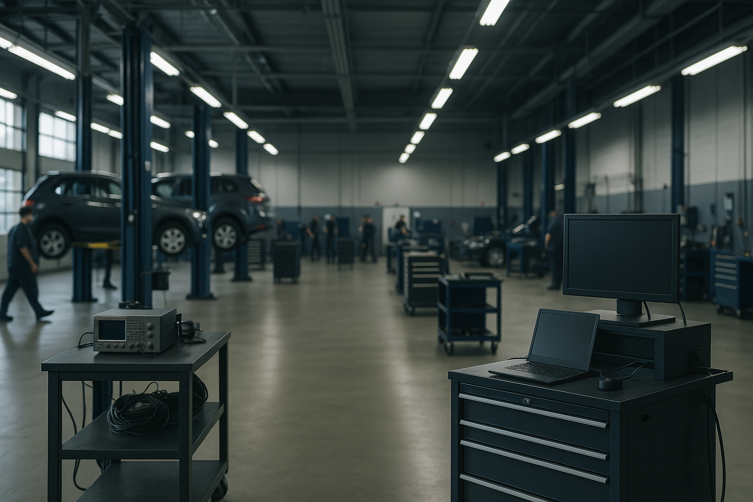 interior of a vocational automotive training workshop with lifts, tool stations, and diagnostic equipment arranged in rows under fluorescent lighting