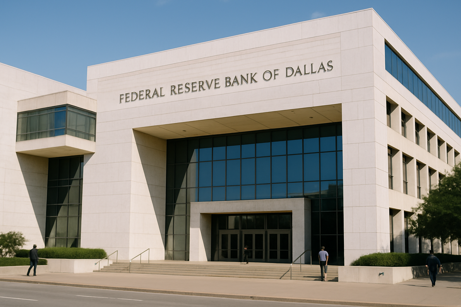 exterior of the Federal Reserve Bank of Dallas building on a clear afternoon, with the institution's name engraved above the entrance
