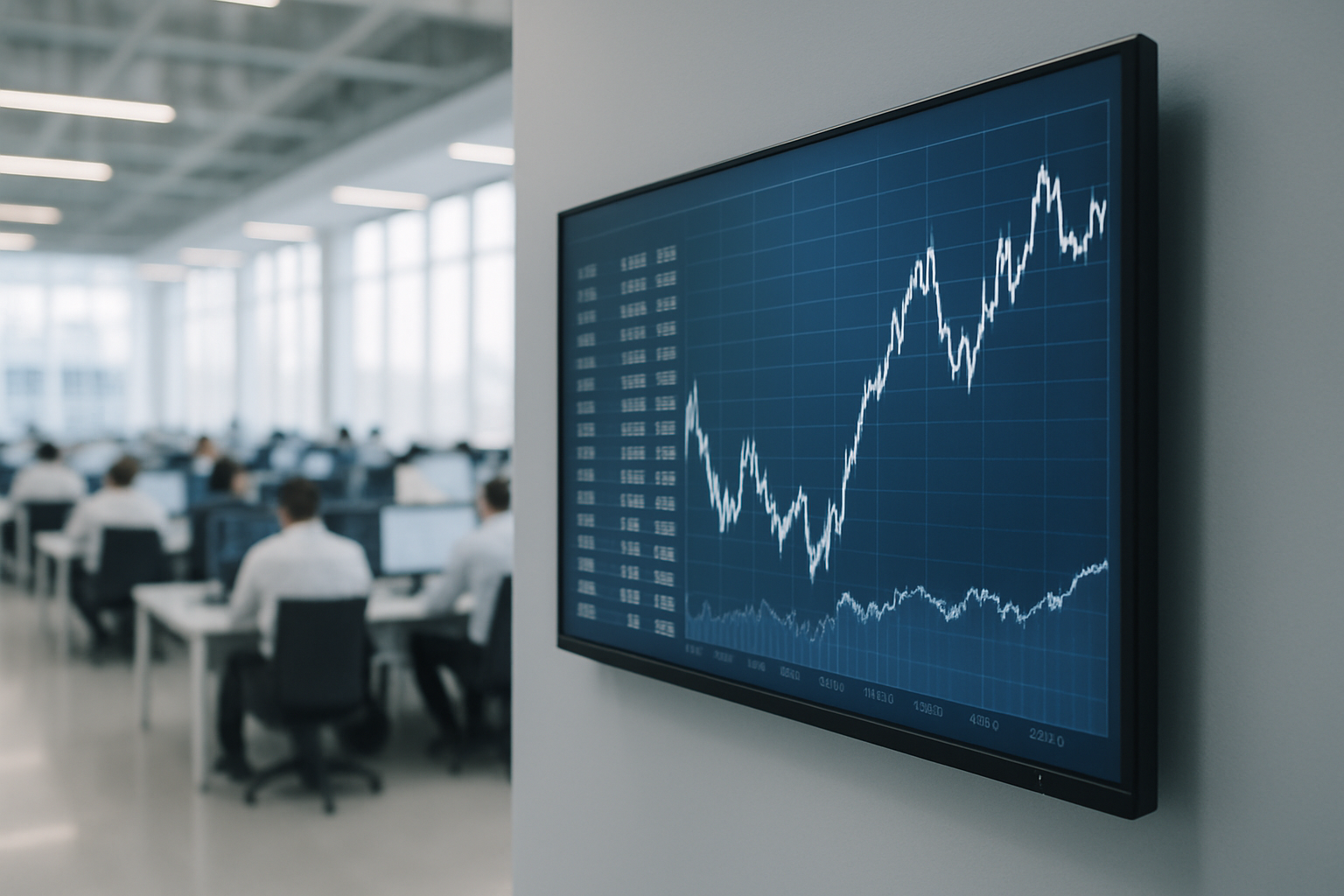 a wall-mounted digital display inside a financial trading floor showing fluctuating interest rate futures contracts