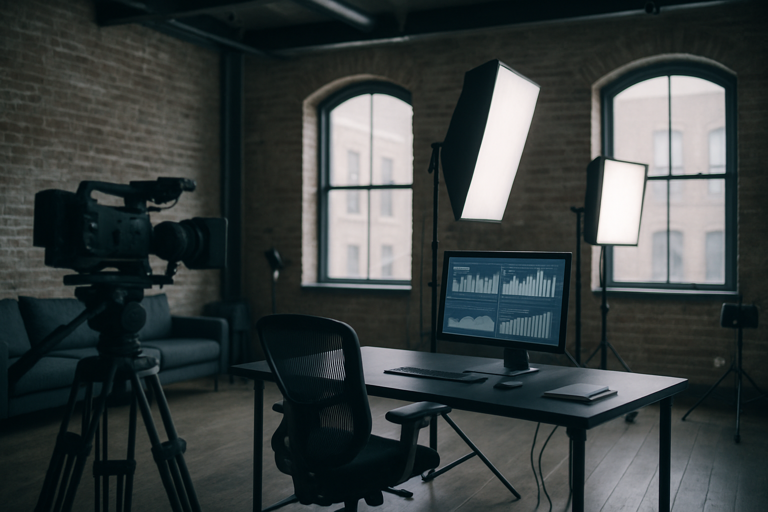 interior of a modern urban creative studio space in a converted brick warehouse, camera equipment and lighting rigs visible, no people in frame