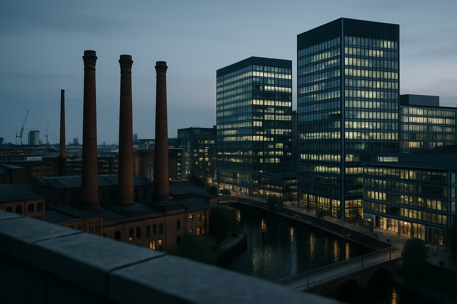 rooftop view of Manchester city skyline at dusk, industrial chimneys alongside modern glass office buildings and canal waterways below