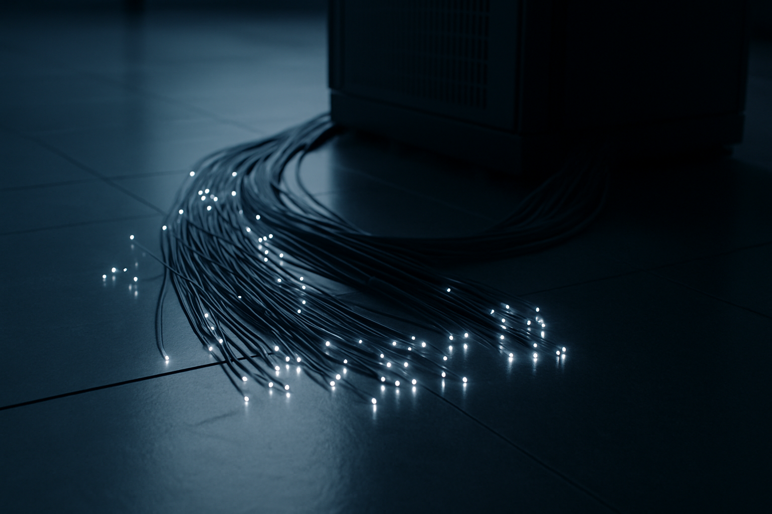 close-up of illuminated fiber optic cables routing data across a dark server room floor