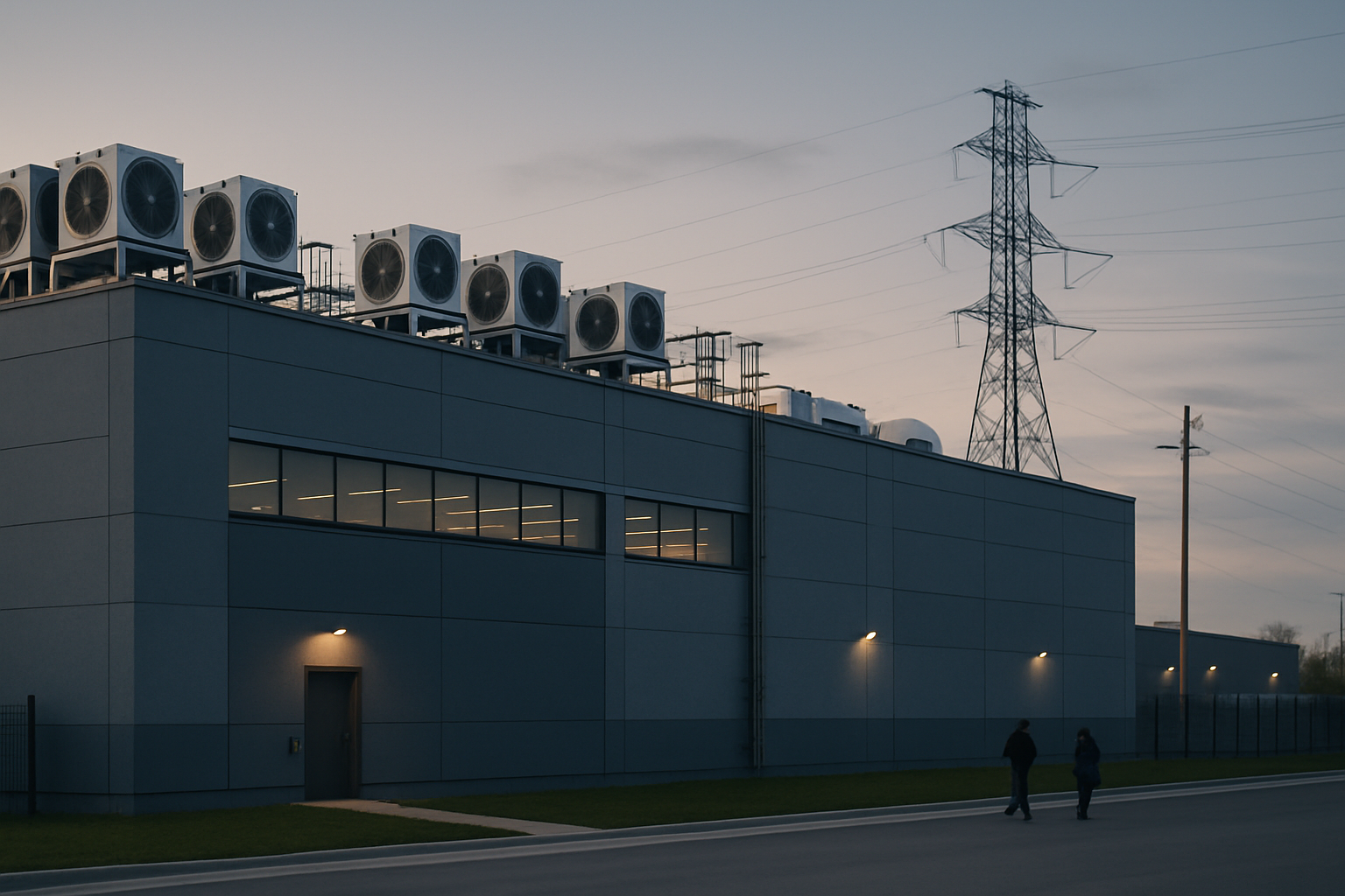 exterior of a modern data center facility at dusk, with cooling units and transmission lines visible along the roofline