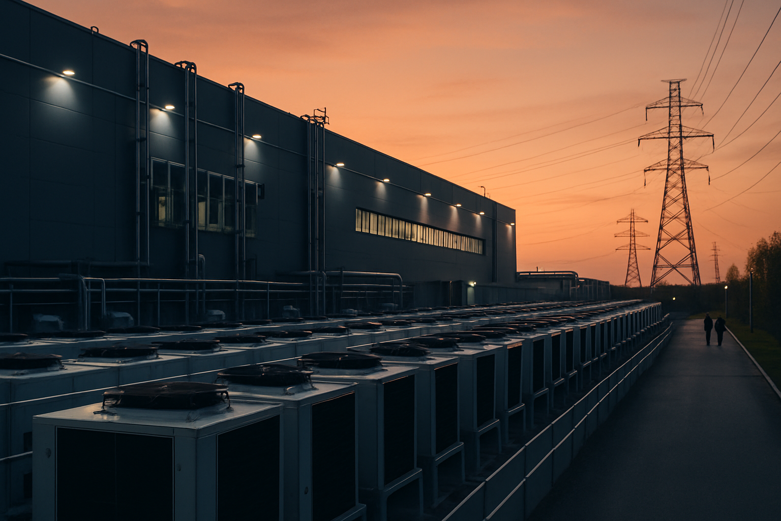 exterior of a large-scale data centre facility at dusk, with rows of cooling units and transmission lines visible against an orange sky