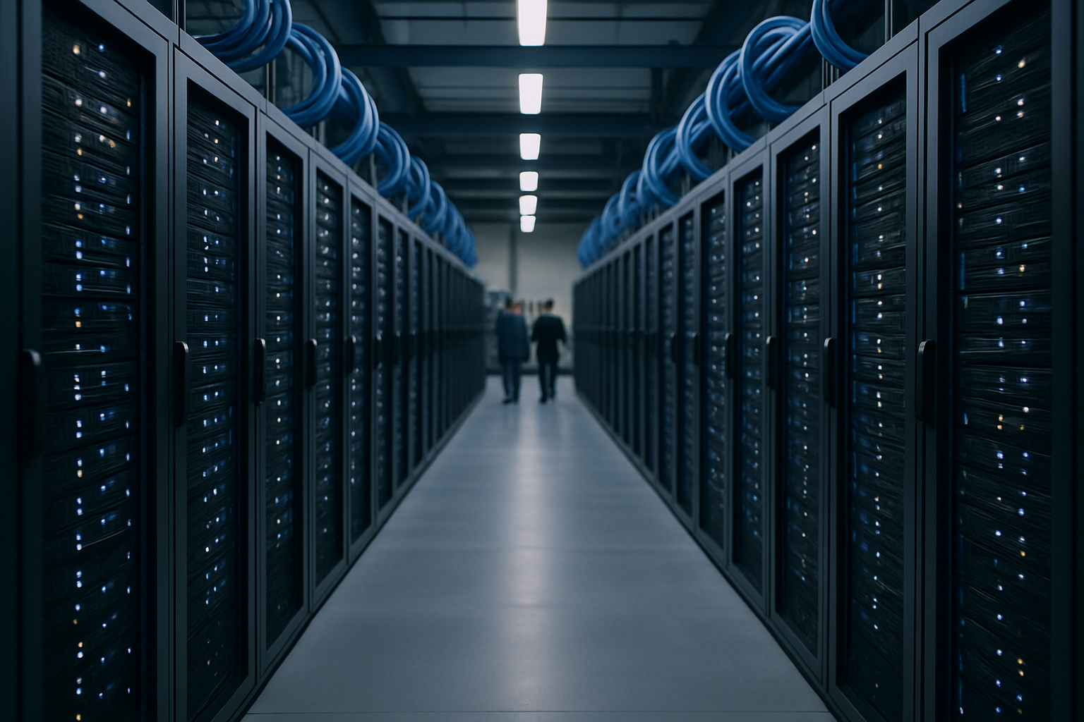 rows of illuminated server racks inside a climate-controlled data centre, with blue cable management systems running along the ceiling