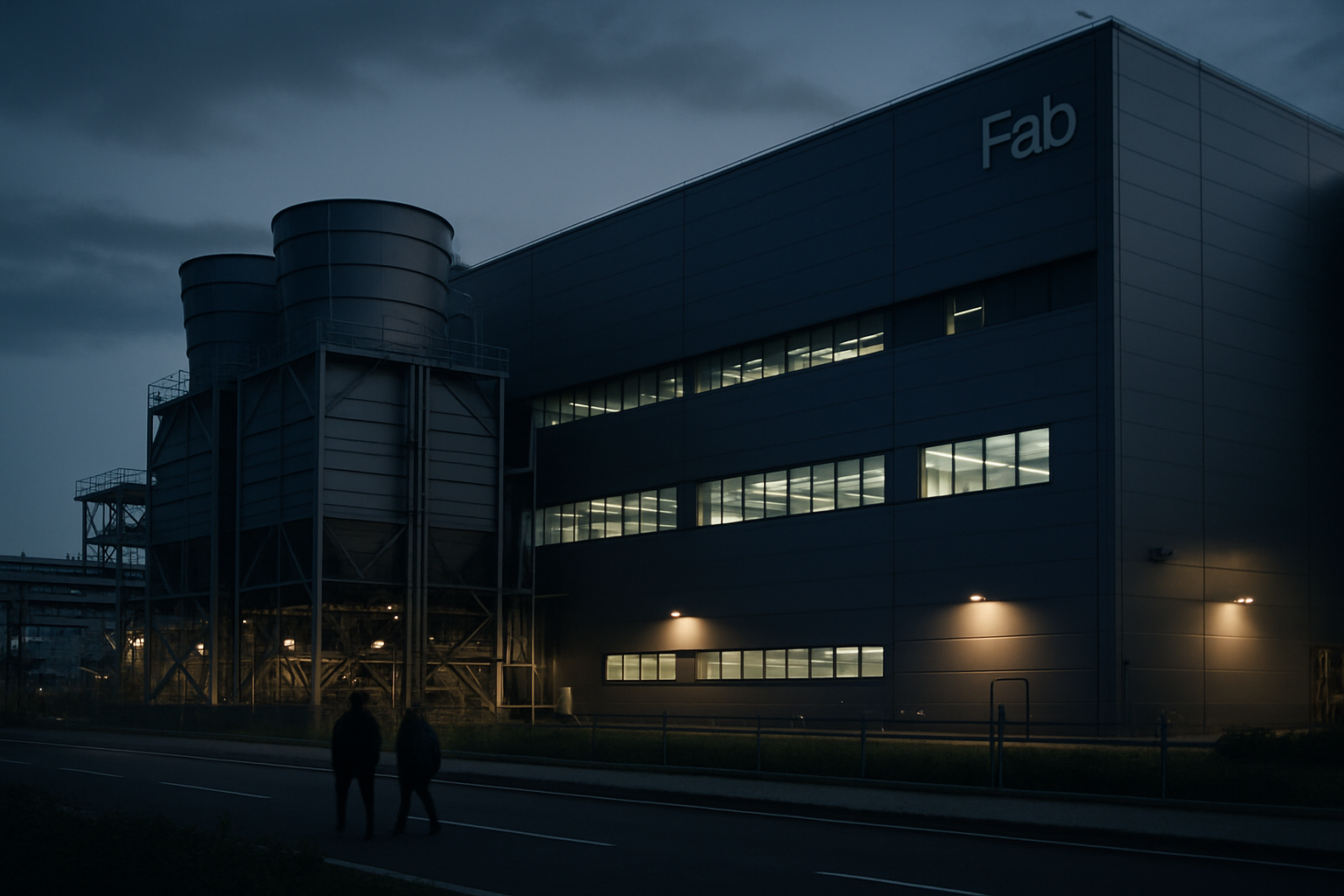 exterior of a large semiconductor fabrication facility at dusk, with industrial cooling towers and low lighting visible along the building's facade