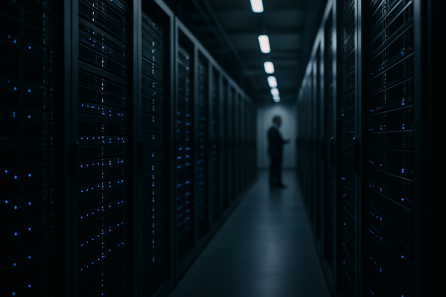 rows of server rack units inside a dimly lit data centre corridor, with blue indicator lights running along the equipment