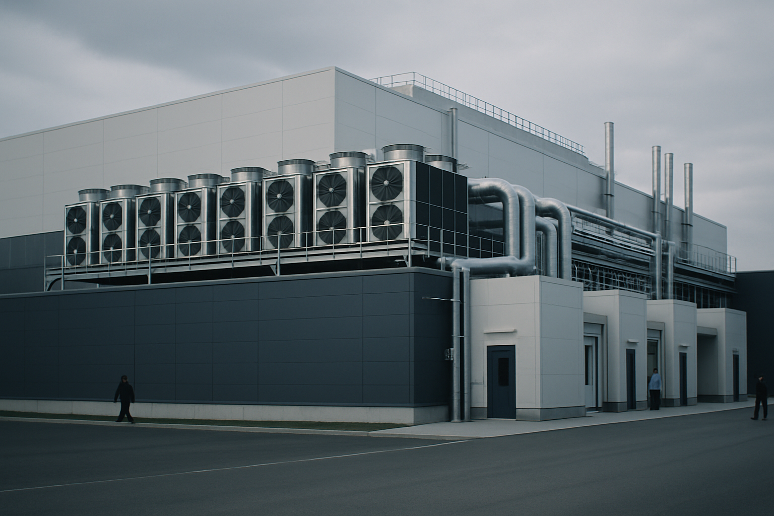 exterior of a large semiconductor fabrication facility with rows of industrial ventilation units and clean-room access corridors visible along the building facade