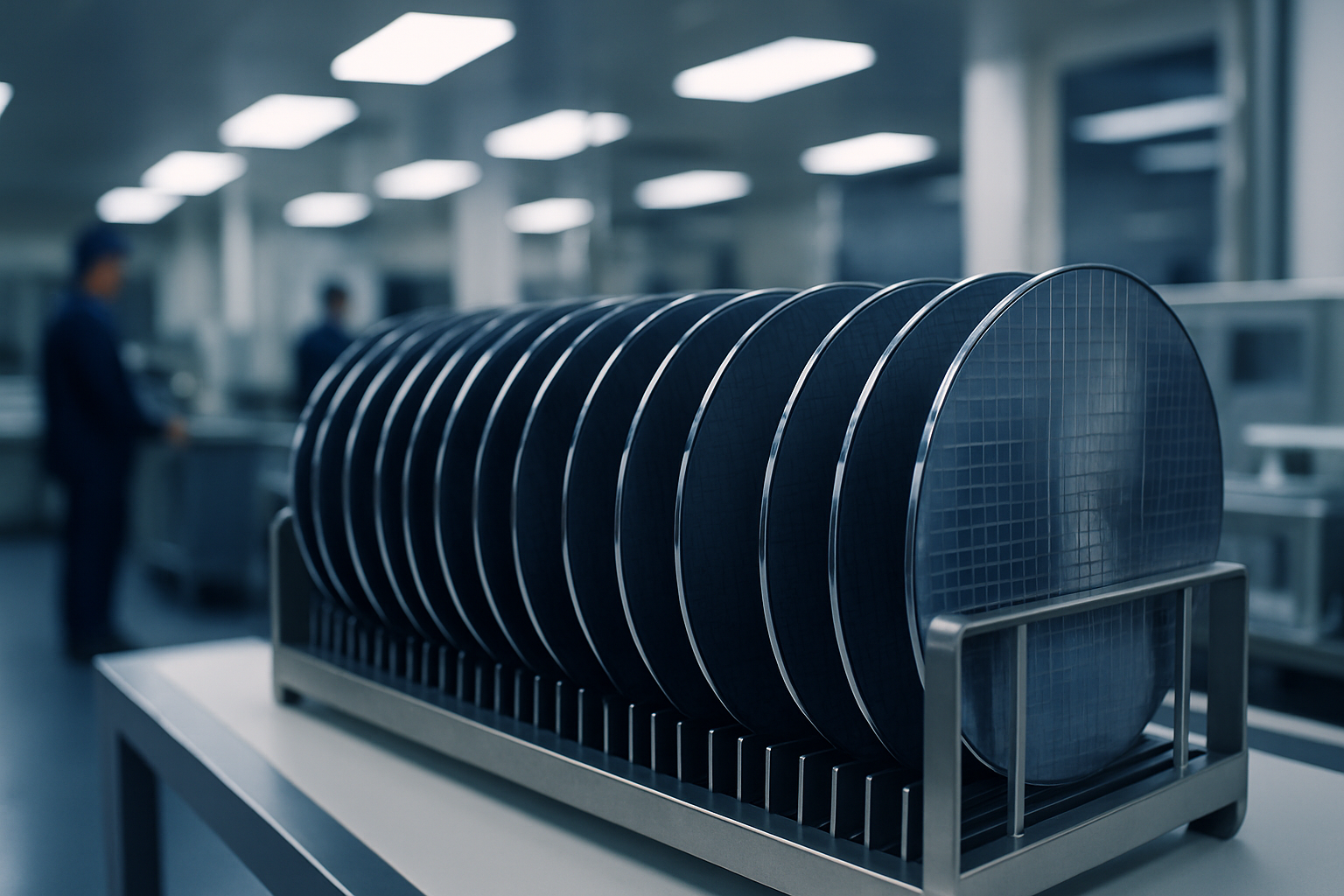 rows of silicon wafers arranged in a clean-room storage rack under bright overhead lighting inside a semiconductor manufacturing environment