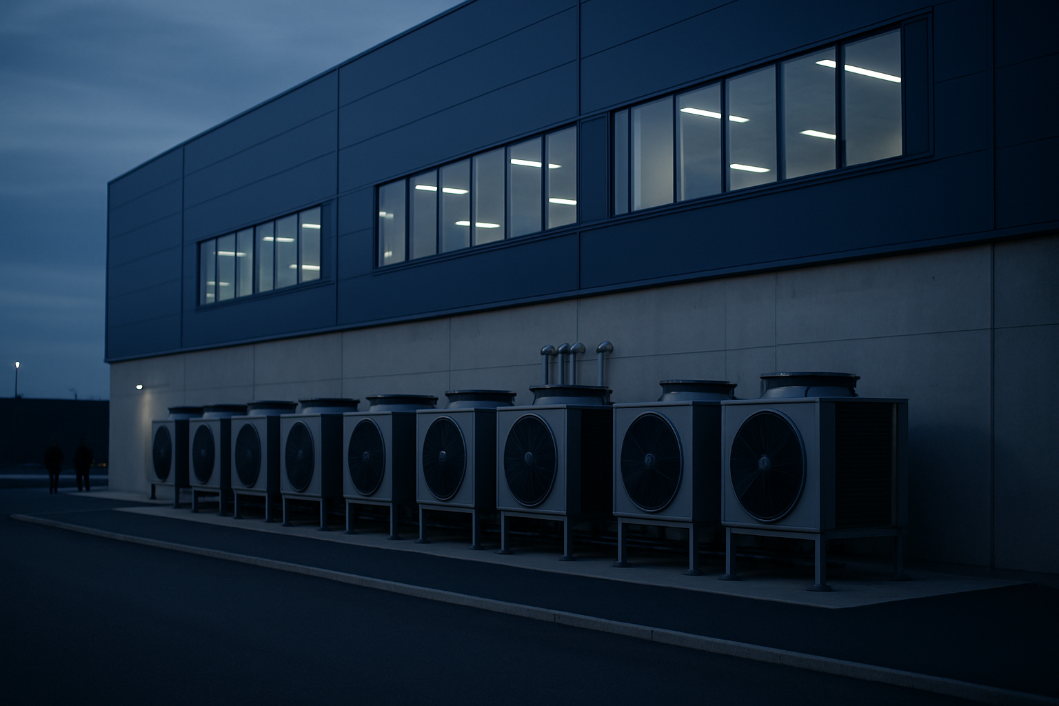 exterior of a large corporate data center facility with server cooling units visible along a concrete wall, photographed at dusk