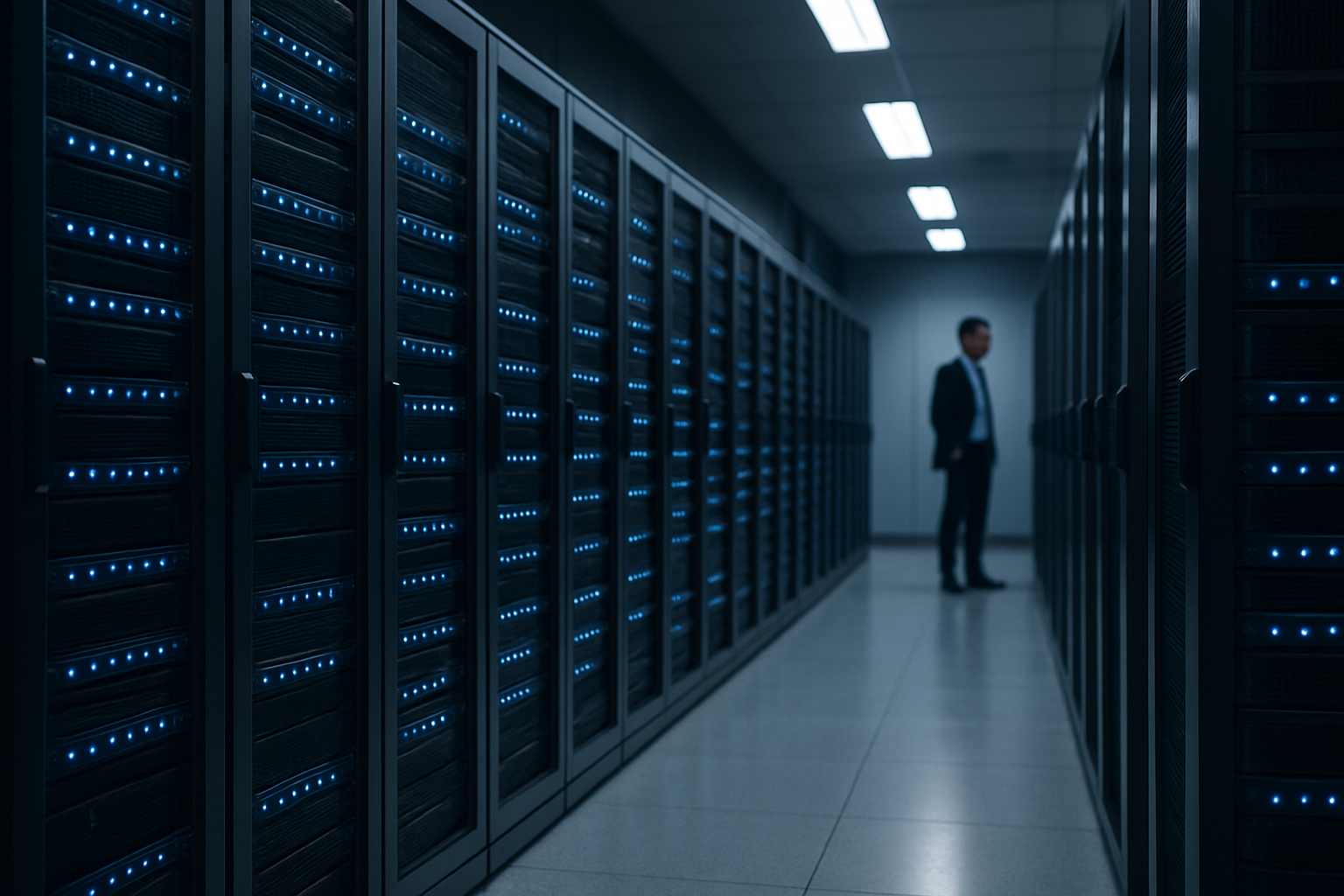 rows of illuminated server rack units inside a climate-controlled data center, with blue indicator lights running along the equipment faces
