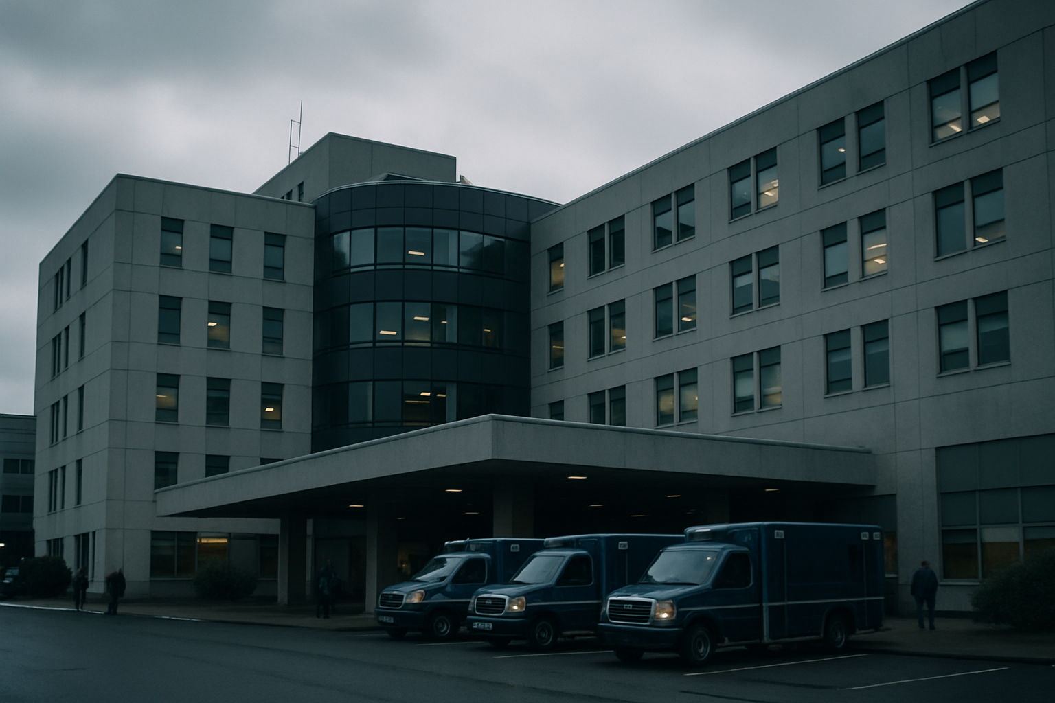 exterior of a large hospital complex with ambulances parked outside under an overcast sky