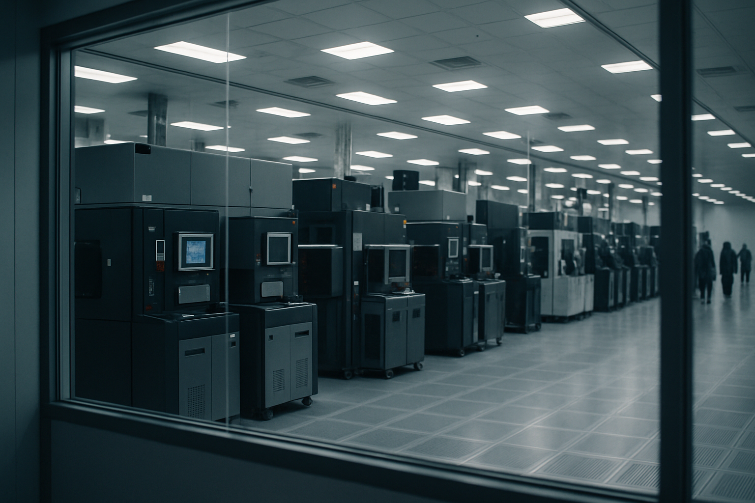rows of clean-room equipment inside a semiconductor fabrication facility viewed through a glass partition