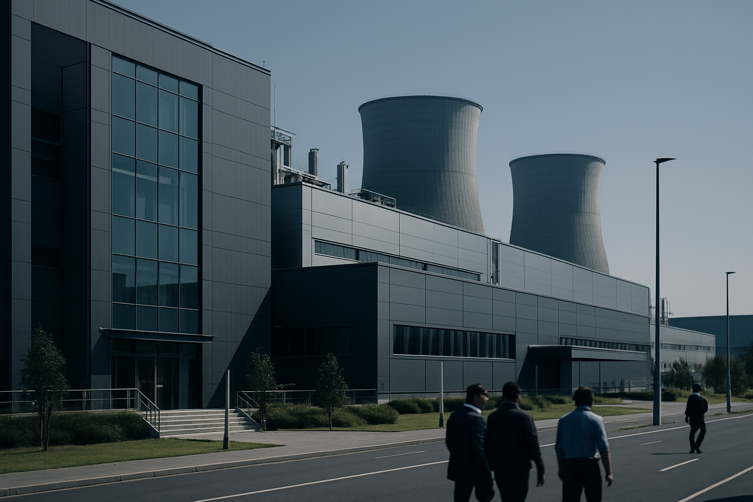 exterior of a modern semiconductor fabrication facility with cooling towers visible against a clear sky