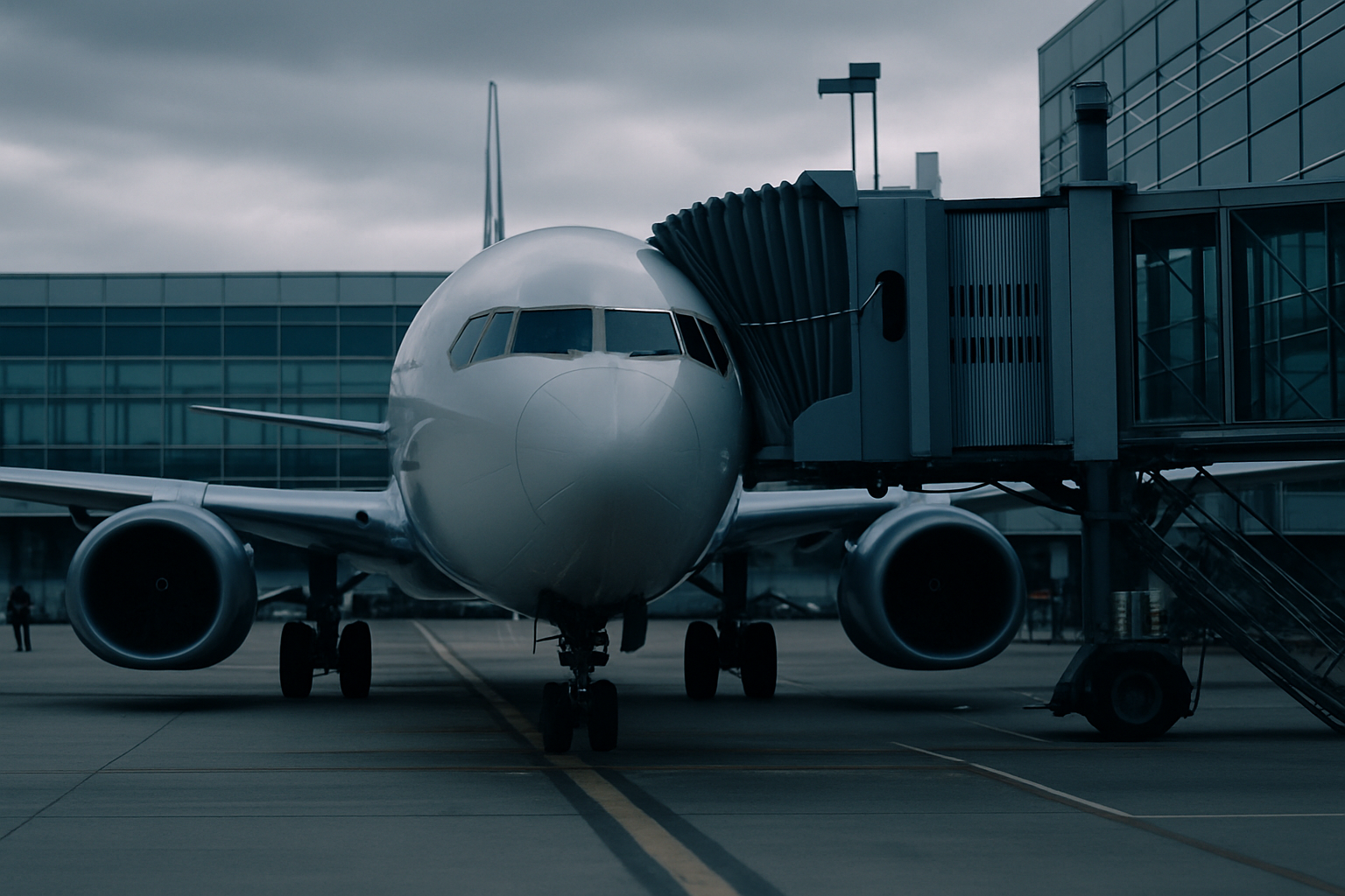 a commercial aircraft parked at a jetbridge at a large international airport terminal, viewed from the tarmac