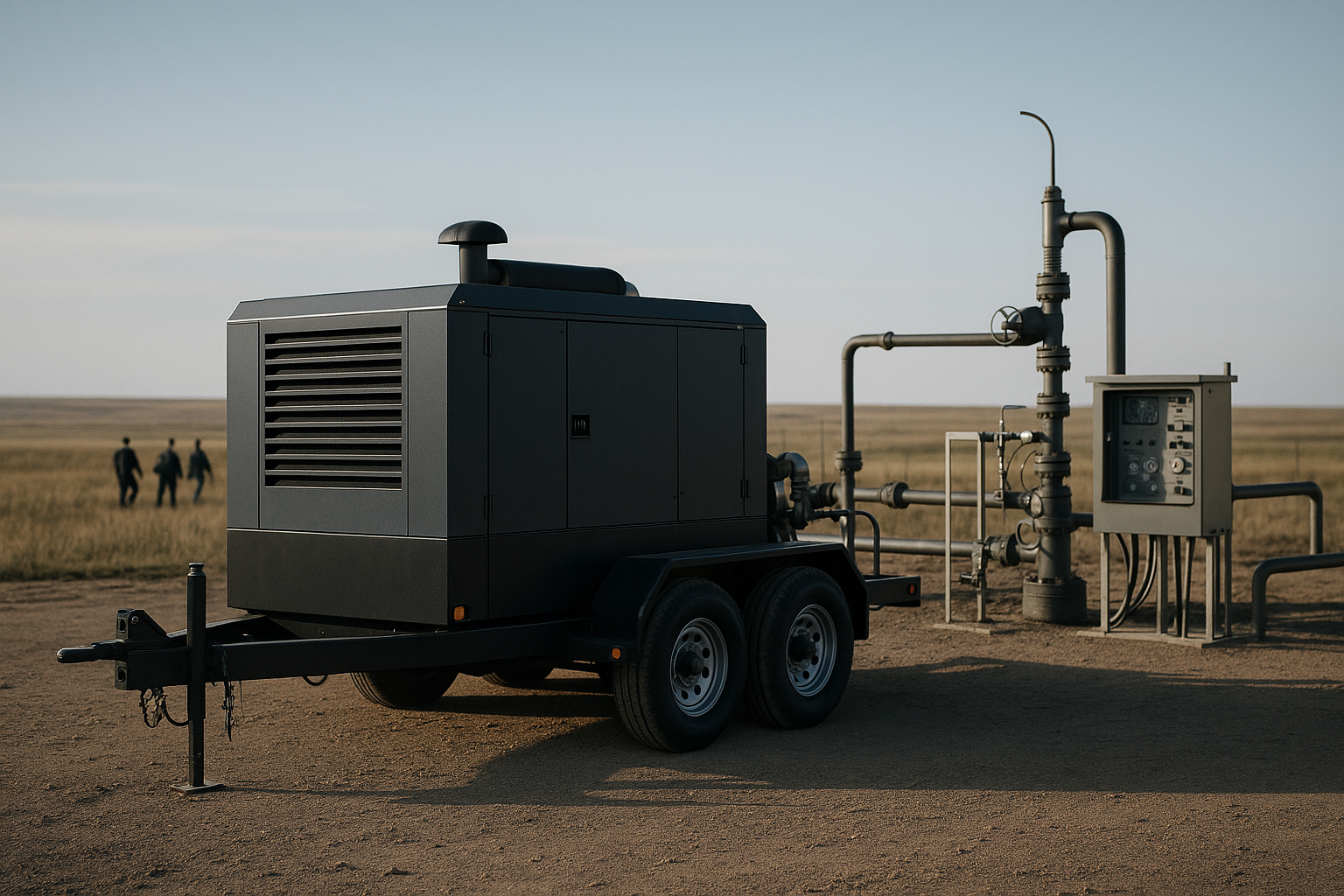 A trailer-mounted mobile compressor skid unit stationed at a remote natural gas wellhead in an open prairie landscape, surrounded by piping and instrumentation panels