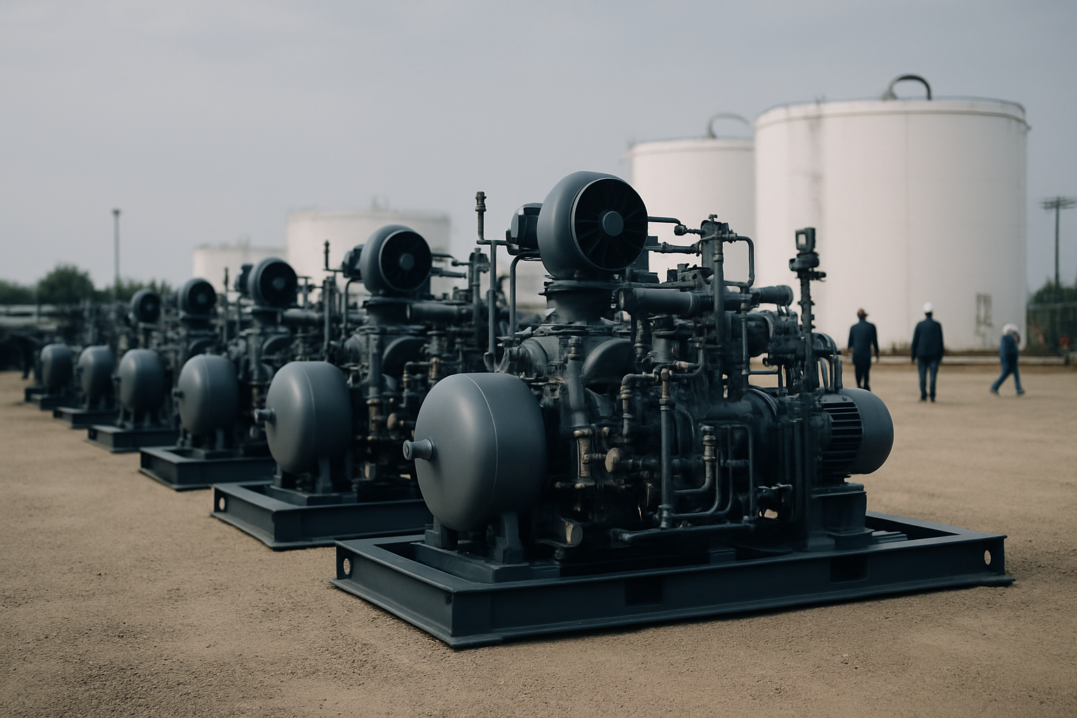 A row of freshly serviced gas compressor skid units lined up in an outdoor equipment yard at an oil field services facility, with storage tanks visible in the background