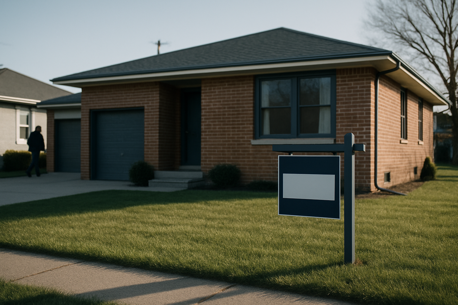 exterior of a mid-century brick home with a real estate sign planted in a trimmed front lawn on a clear afternoon