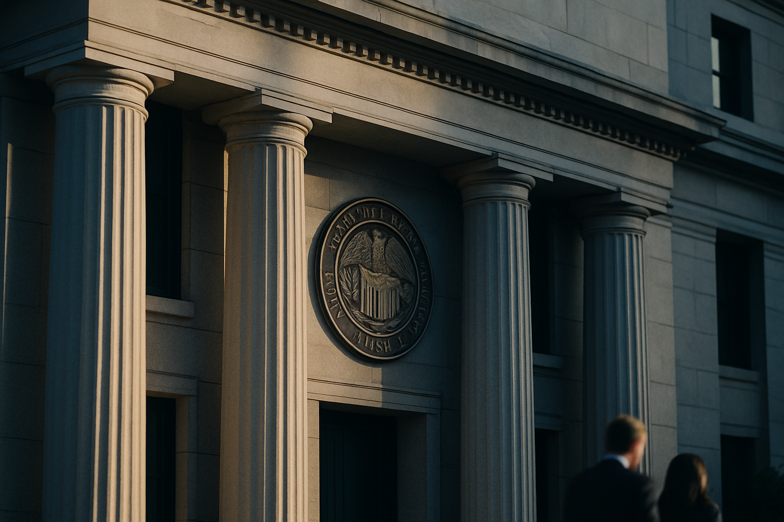 close-up of a Federal Reserve building facade with classical stone columns and an engraved institutional seal, taken in late afternoon light