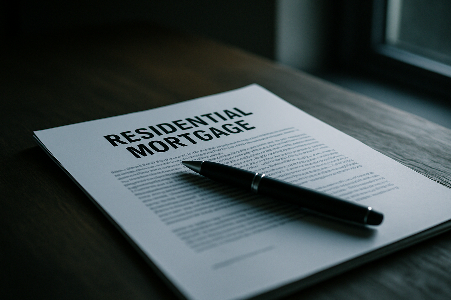 close-up of a residential mortgage document on a wooden desk with a pen resting across it, natural window light from the side