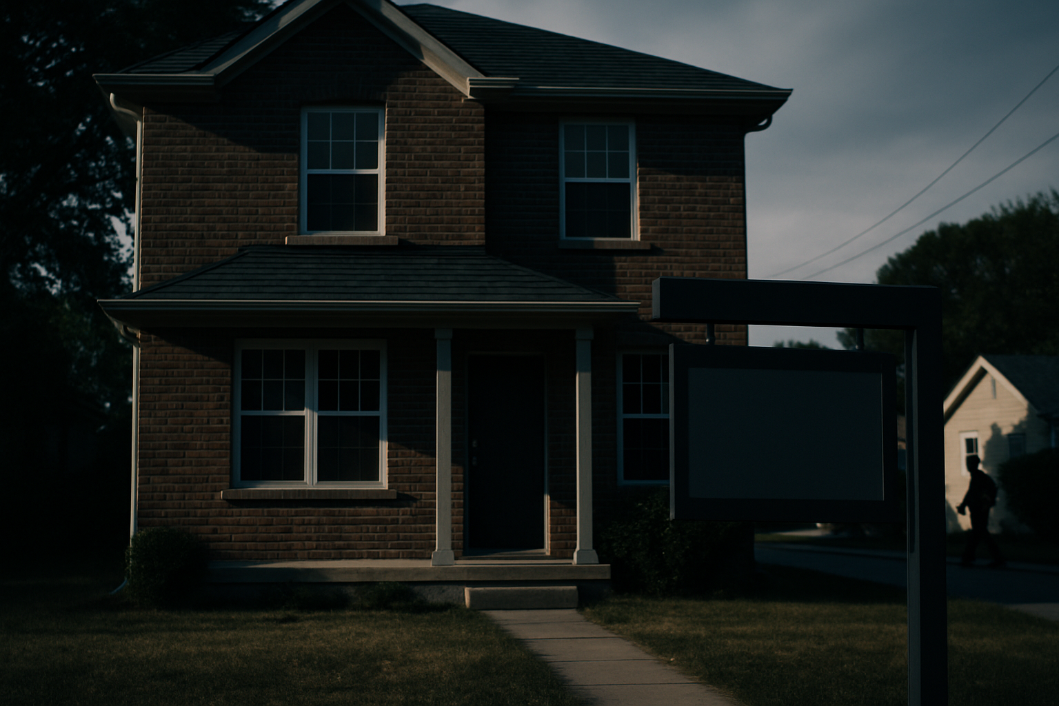 exterior of a suburban two-story brick house with a for-sale sign removed from the front lawn, late afternoon light across the facade