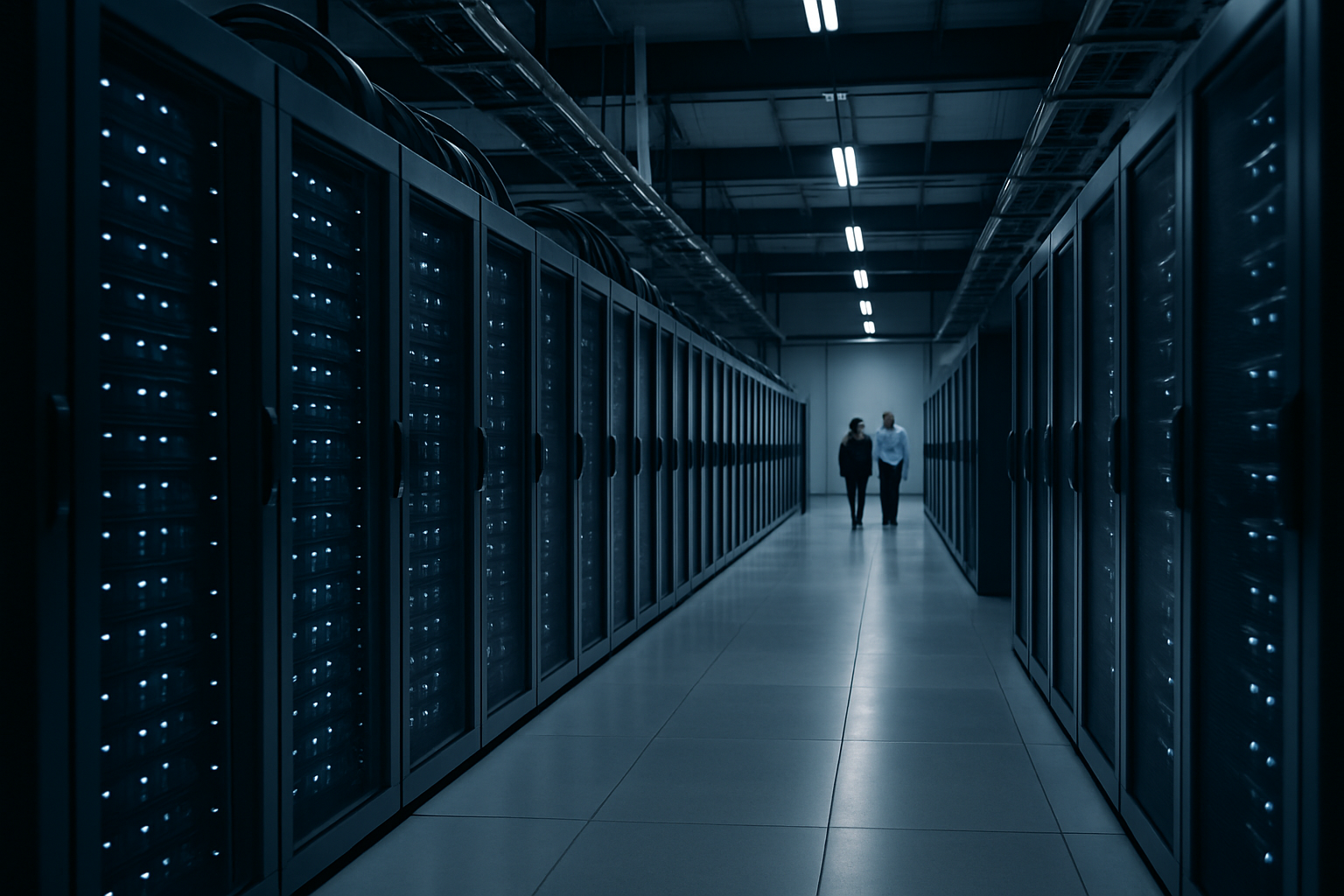 rows of illuminated server racks inside a large enterprise data center facility with cable management systems visible along the ceiling