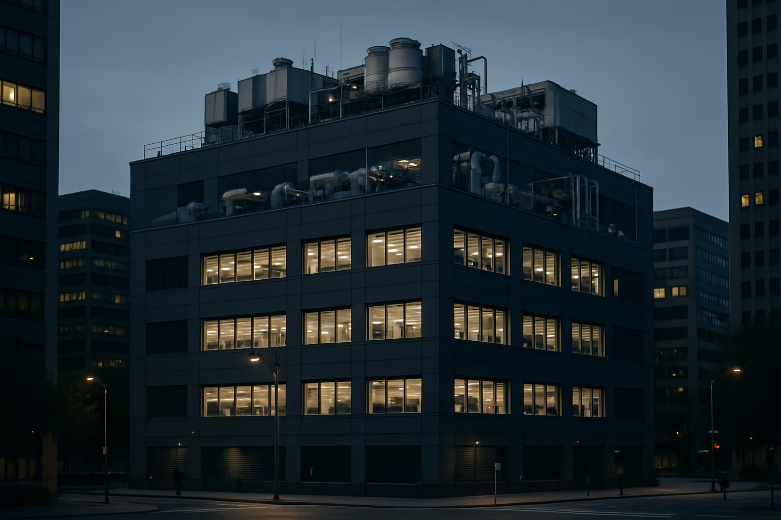 exterior of a modern multi-story data center building in an urban commercial district at dusk, with utility equipment and cooling infrastructure visible on the roof
