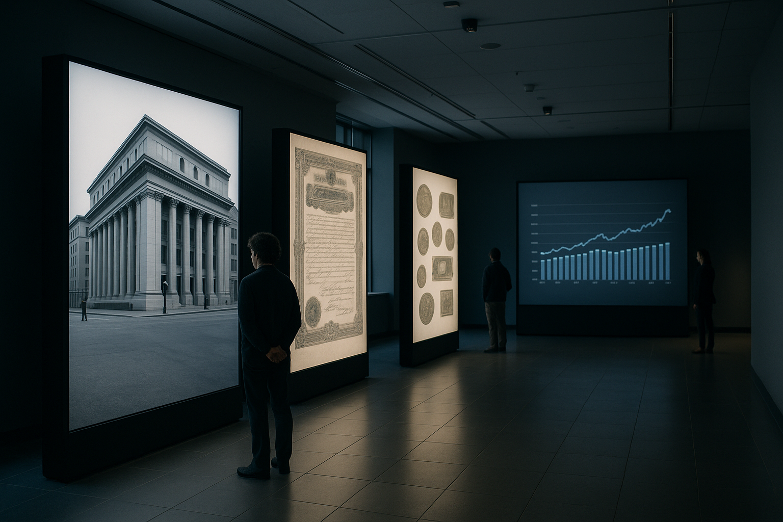interior of a modern museum gallery with large illuminated display panels showing historical financial documents and currency artifacts