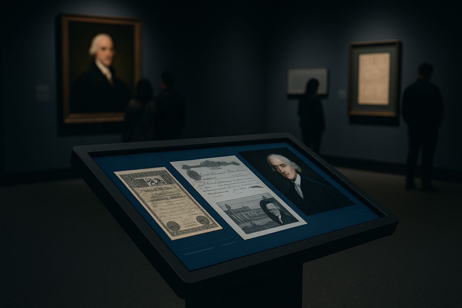 a dimly lit museum alcove with a large interactive touchscreen kiosk displaying colonial-era American financial documents and a portrait in the background