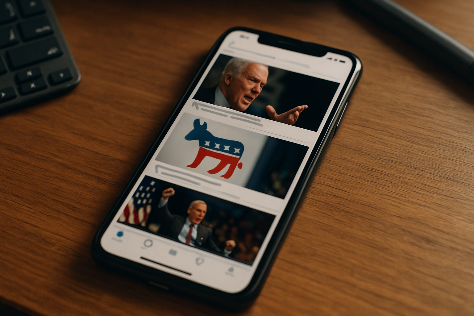 a smartphone resting on a wooden desk displaying a social media feed with political commentary visible on screen