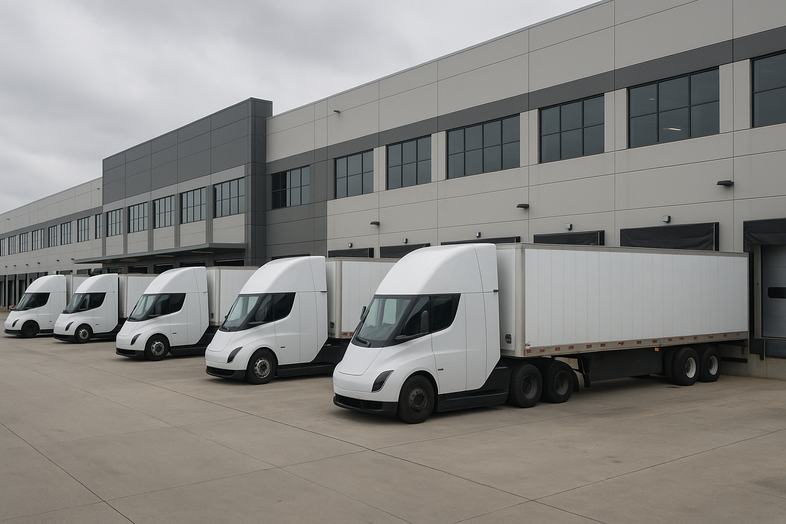 exterior of a large electric vehicle manufacturing facility with delivery trucks lined up along a loading bay