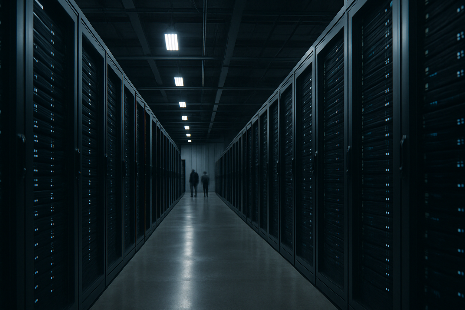 wide-angle view of a large corporate data center interior, rows of illuminated server racks receding into the distance under industrial lighting
