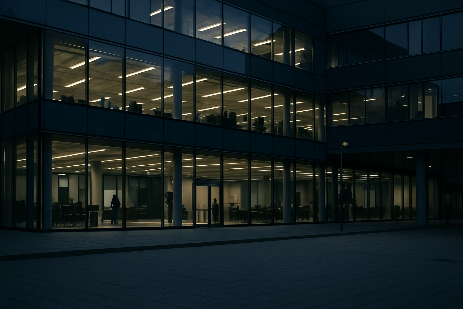 exterior of a glass-fronted technology campus at dusk, with illuminated office floors visible through floor-to-ceiling windows and a deserted forecourt in the foreground