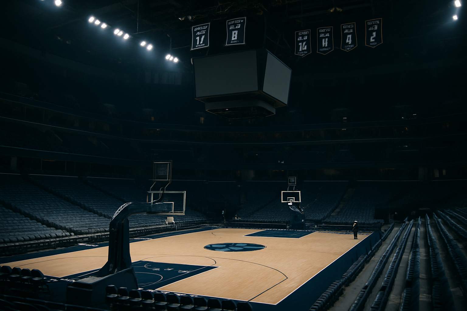 interior of a large NBA arena with the court visible under bright overhead lighting, seats empty, championship banners hanging from the rafters