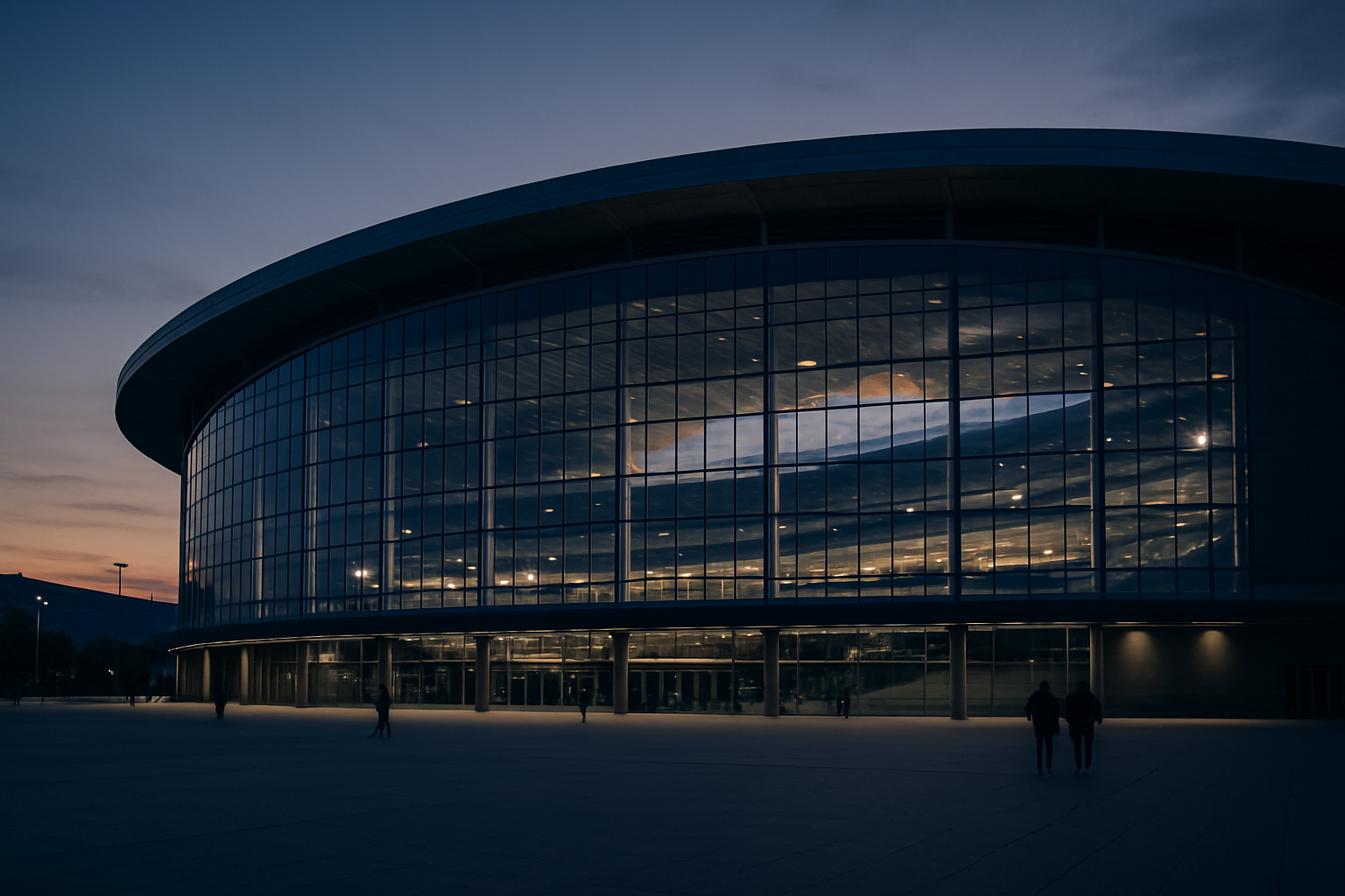 exterior of a modern professional sports arena at dusk, glass facade reflecting the last light of the evening sky, empty plaza in the foreground