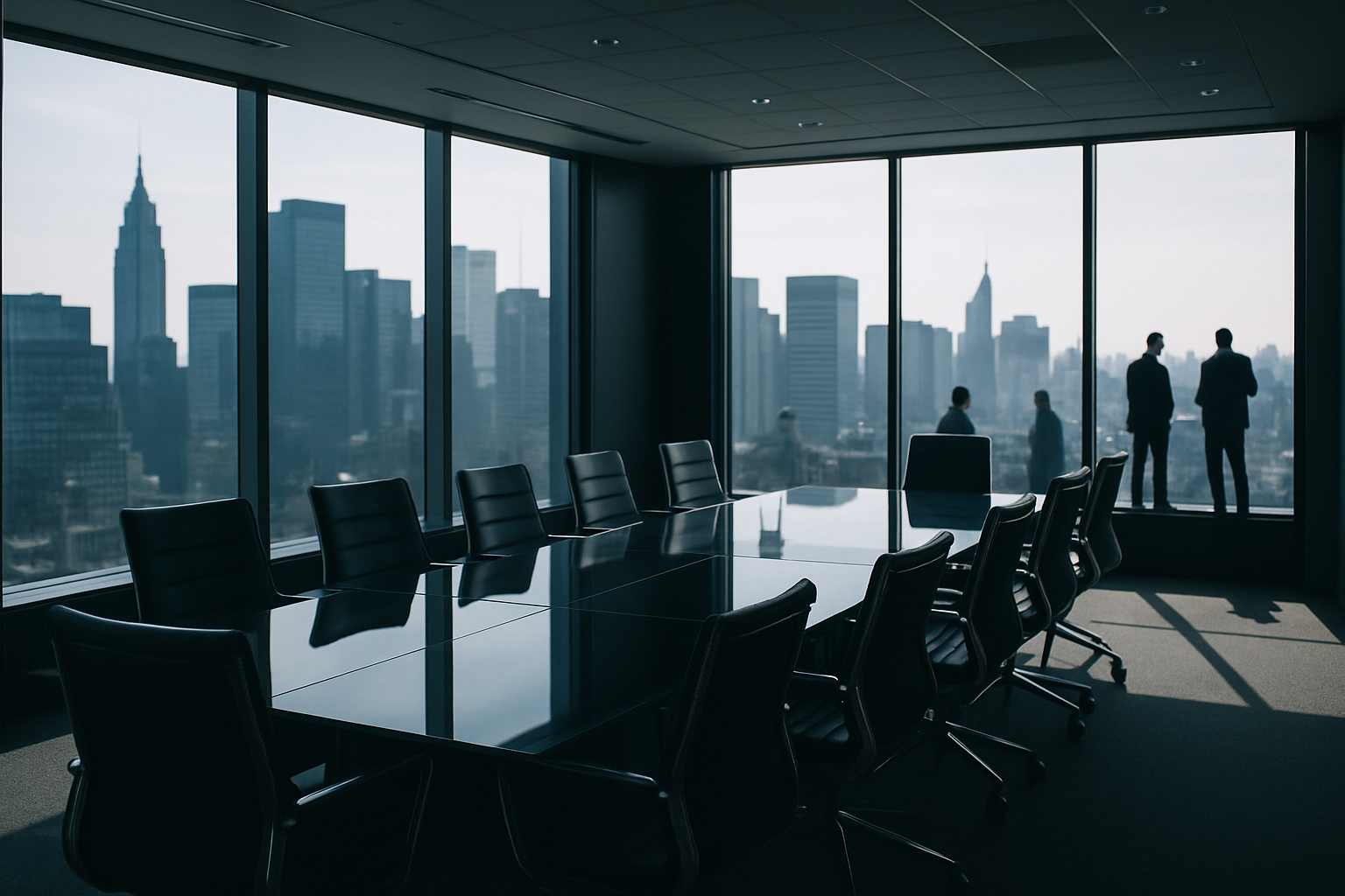 interior of a modern venture capital office with floor-to-ceiling windows overlooking a city skyline, rows of empty conference chairs arranged around a long glass table