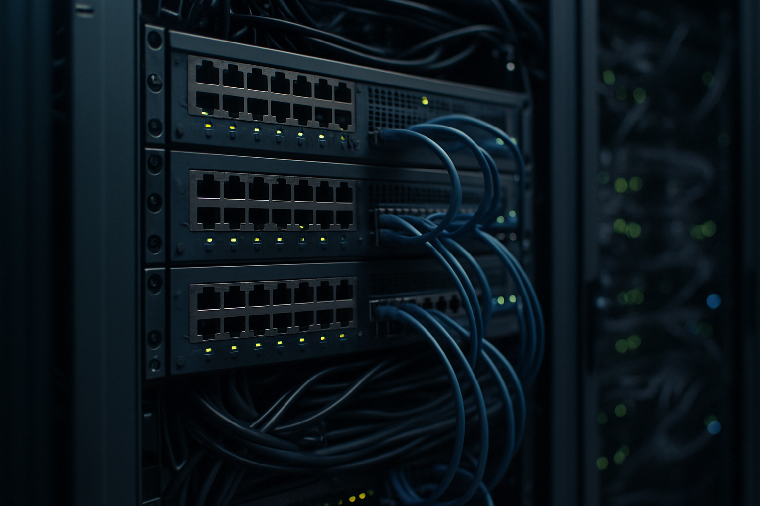 close-up of a server rack interior in a large-scale data centre, with blinking indicator lights and dense cabling visible in the background