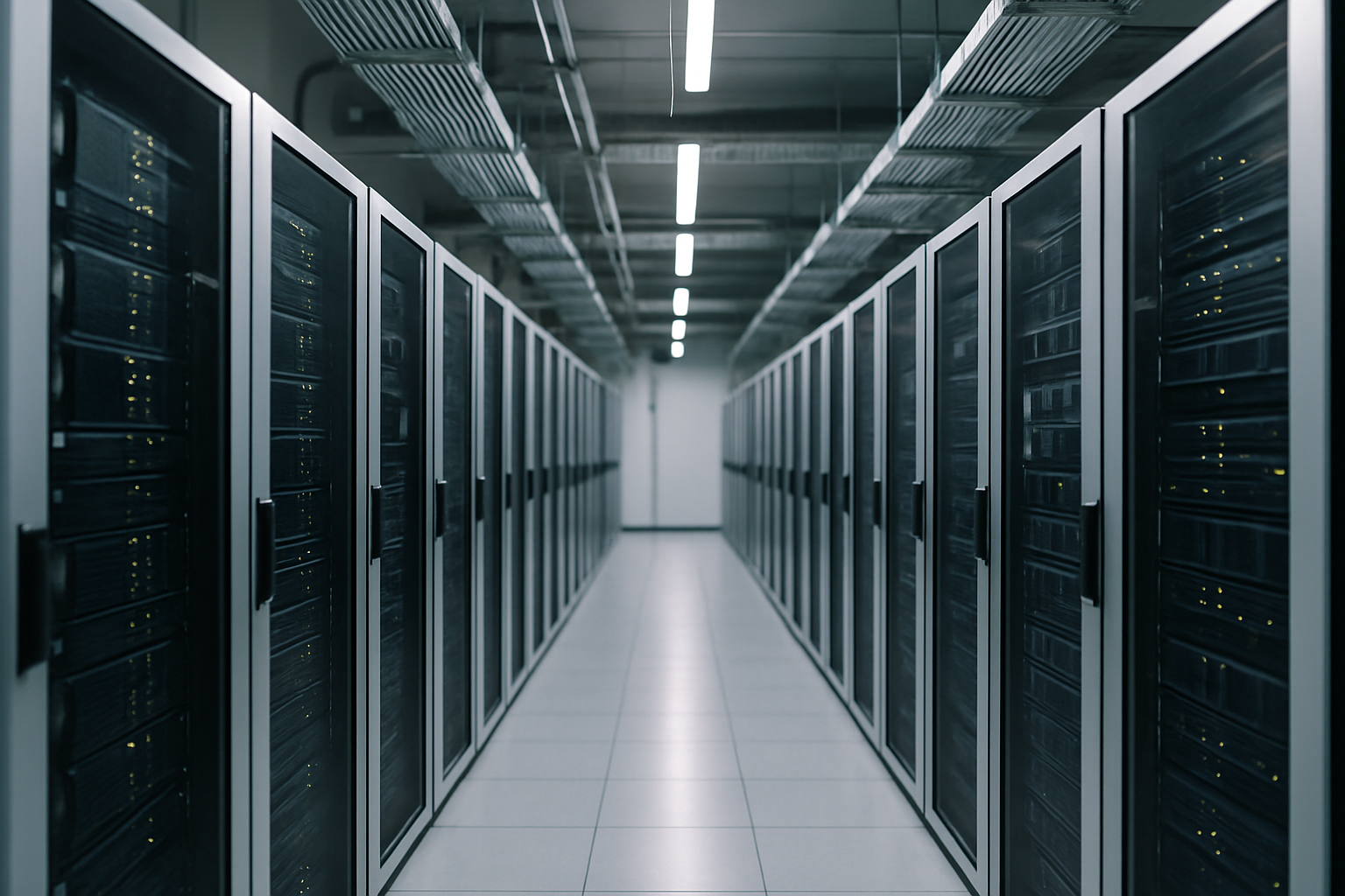 rows of large server rack units inside a dimly lit data centre facility, with cable management trays visible along the ceiling