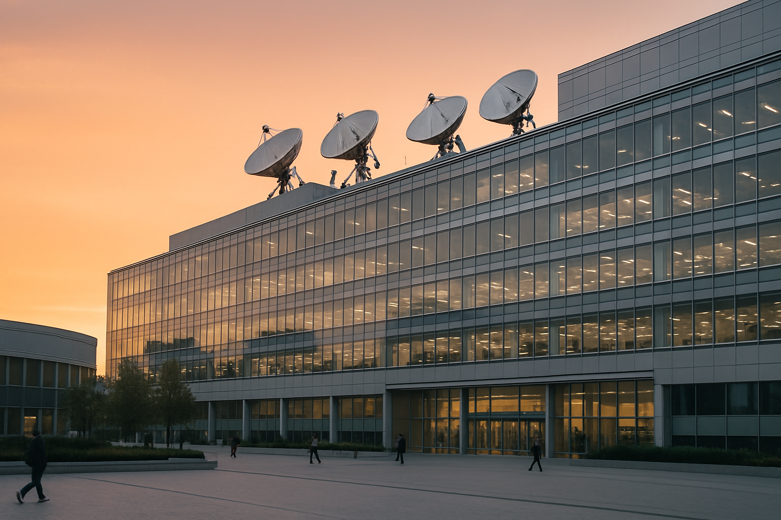exterior of a large corporate broadcasting and media campus at dusk, satellite dishes visible on the rooftop against an orange sky