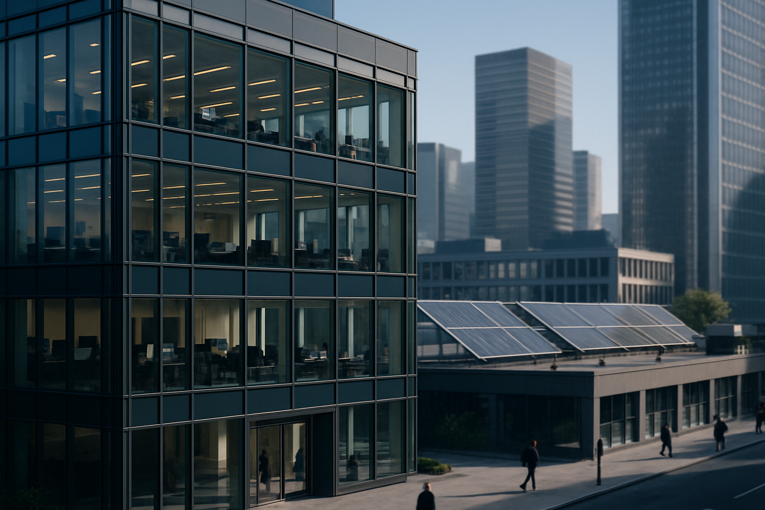 modern glass-fronted office building in a central business district, with solar panel arrays visible on an adjacent rooftop under clear sky