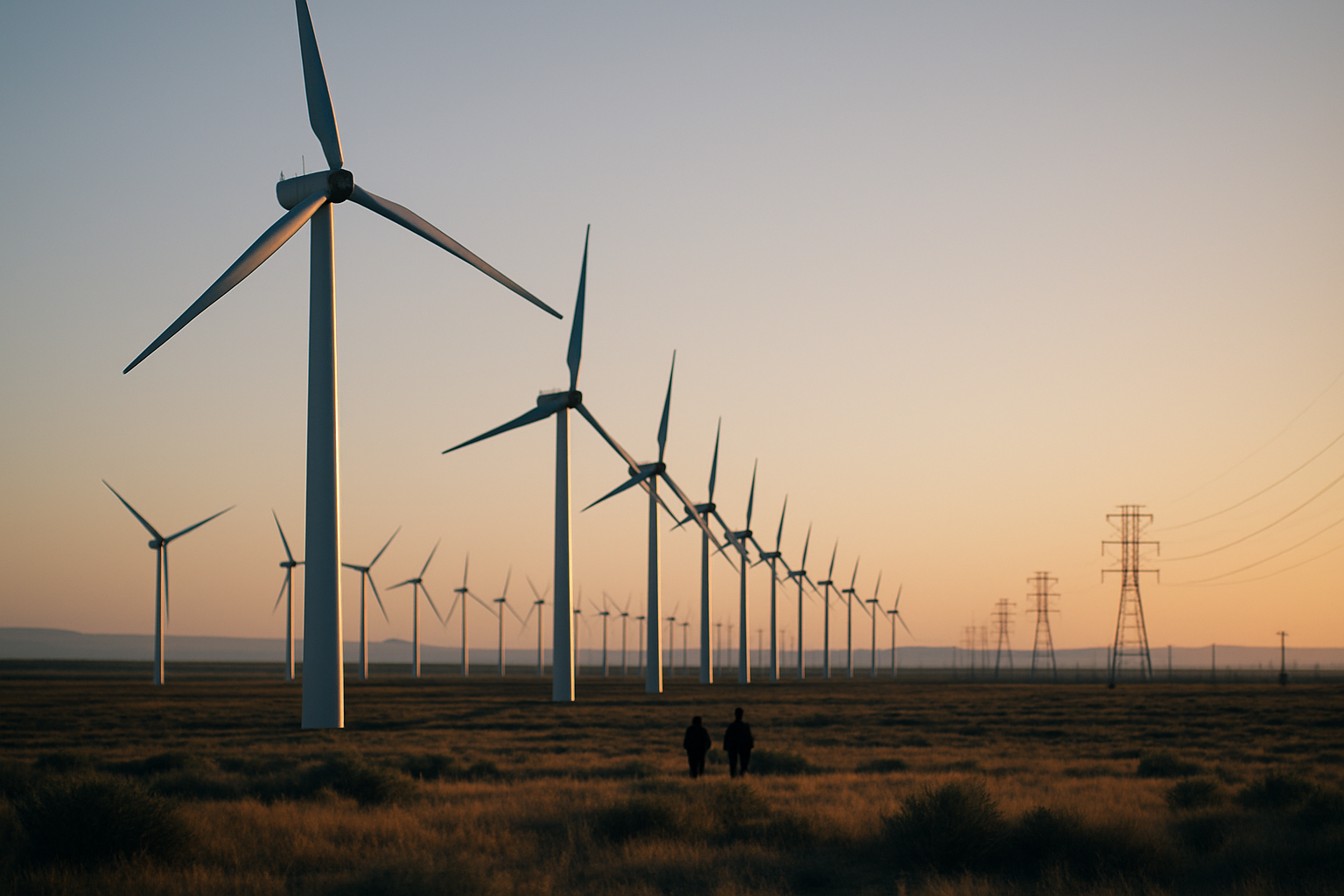 rows of wind turbines on an open plain at golden hour, with transmission lines visible in the background