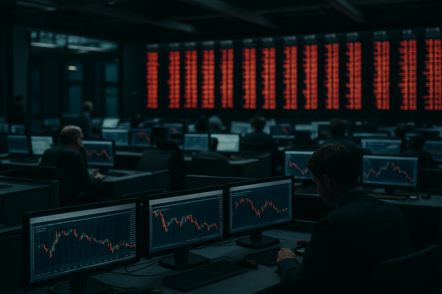 rows of trading terminals displaying cascading red price tickers inside a large, dimly lit financial exchange floor