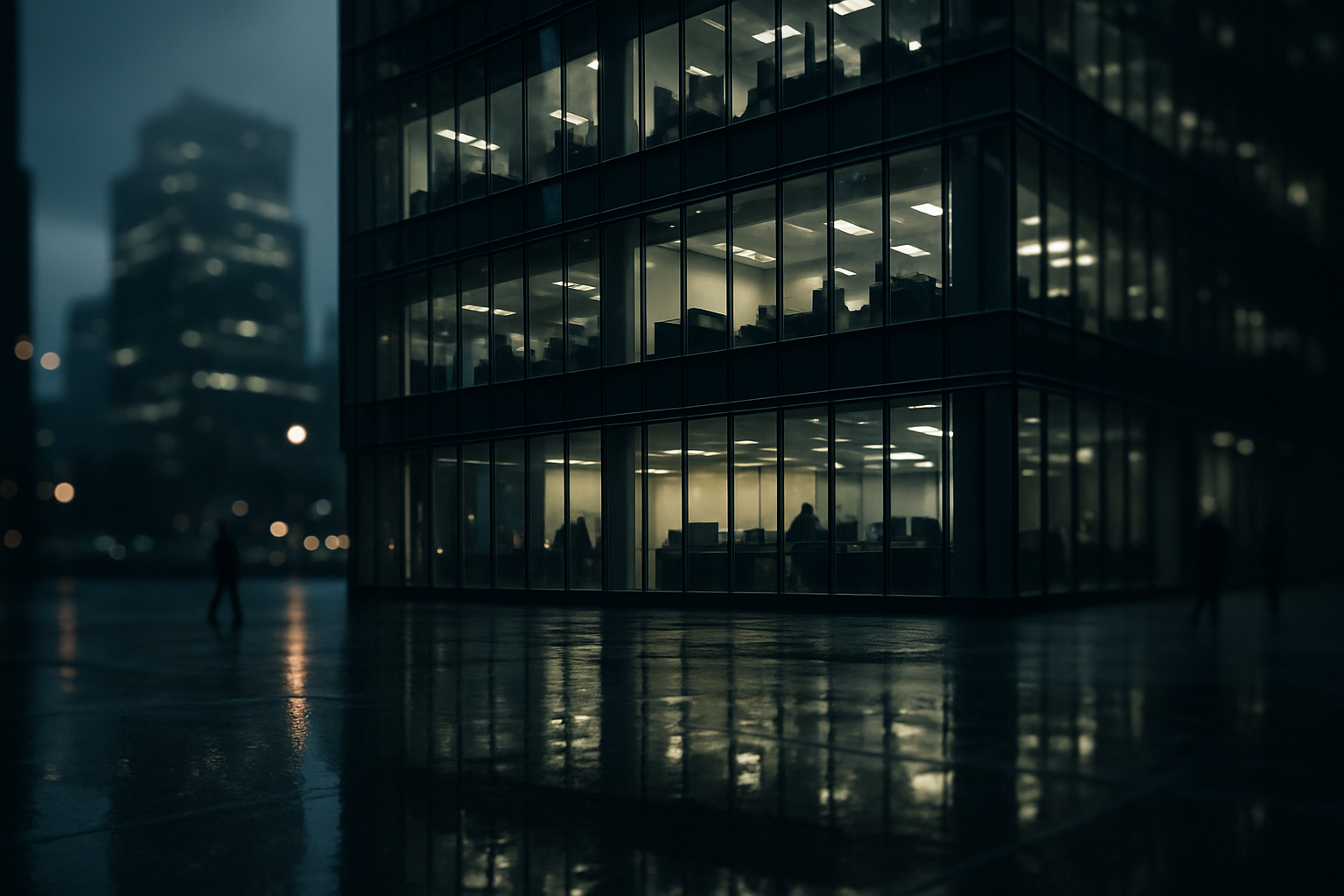 exterior of a glass-fronted financial district office tower reflected in a rain-slicked pavement at dusk, city lights blurring in the background