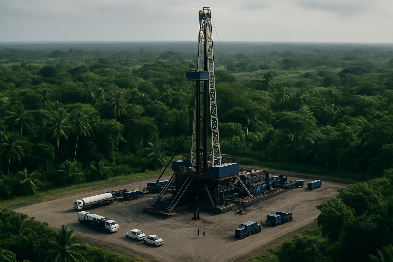 aerial view of a natural gas drilling rig surrounded by tropical lowland vegetation in northern Colombia, with service vehicles parked nearby