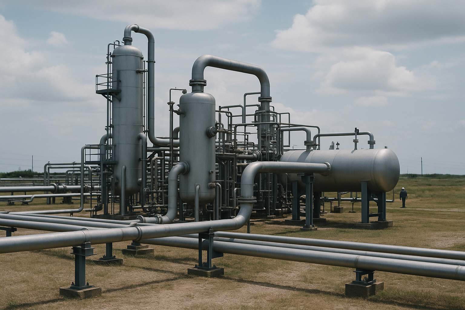 industrial gas processing facility with pipelines and pressure vessels in an open field under a partly cloudy sky in a Colombian coastal plain