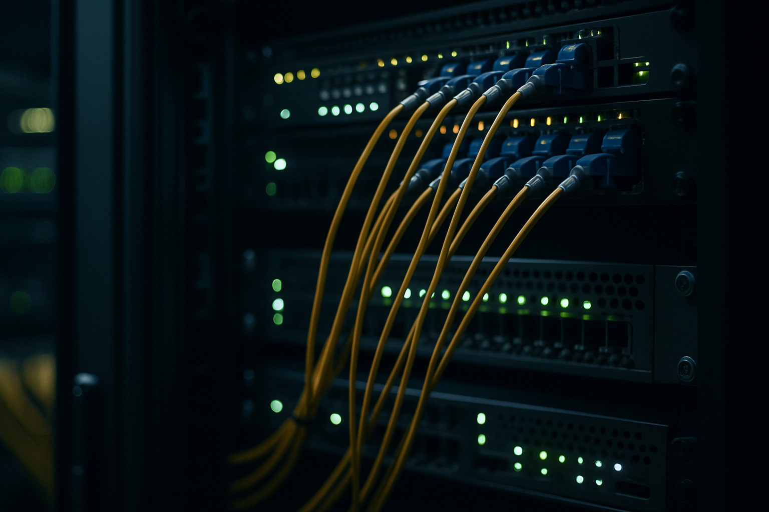 close-up of a server rack interior with fiber optic cables and blinking indicator lights in a dimly lit data center