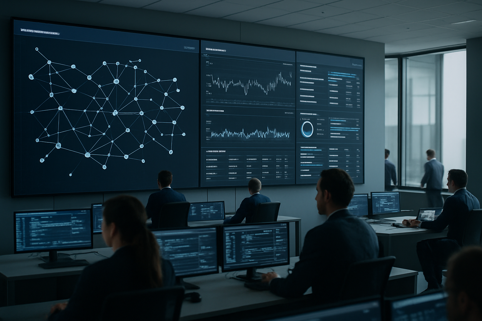 wide-angle view of a modern cybersecurity operations center with large wall-mounted displays showing network topology maps and activity dashboards