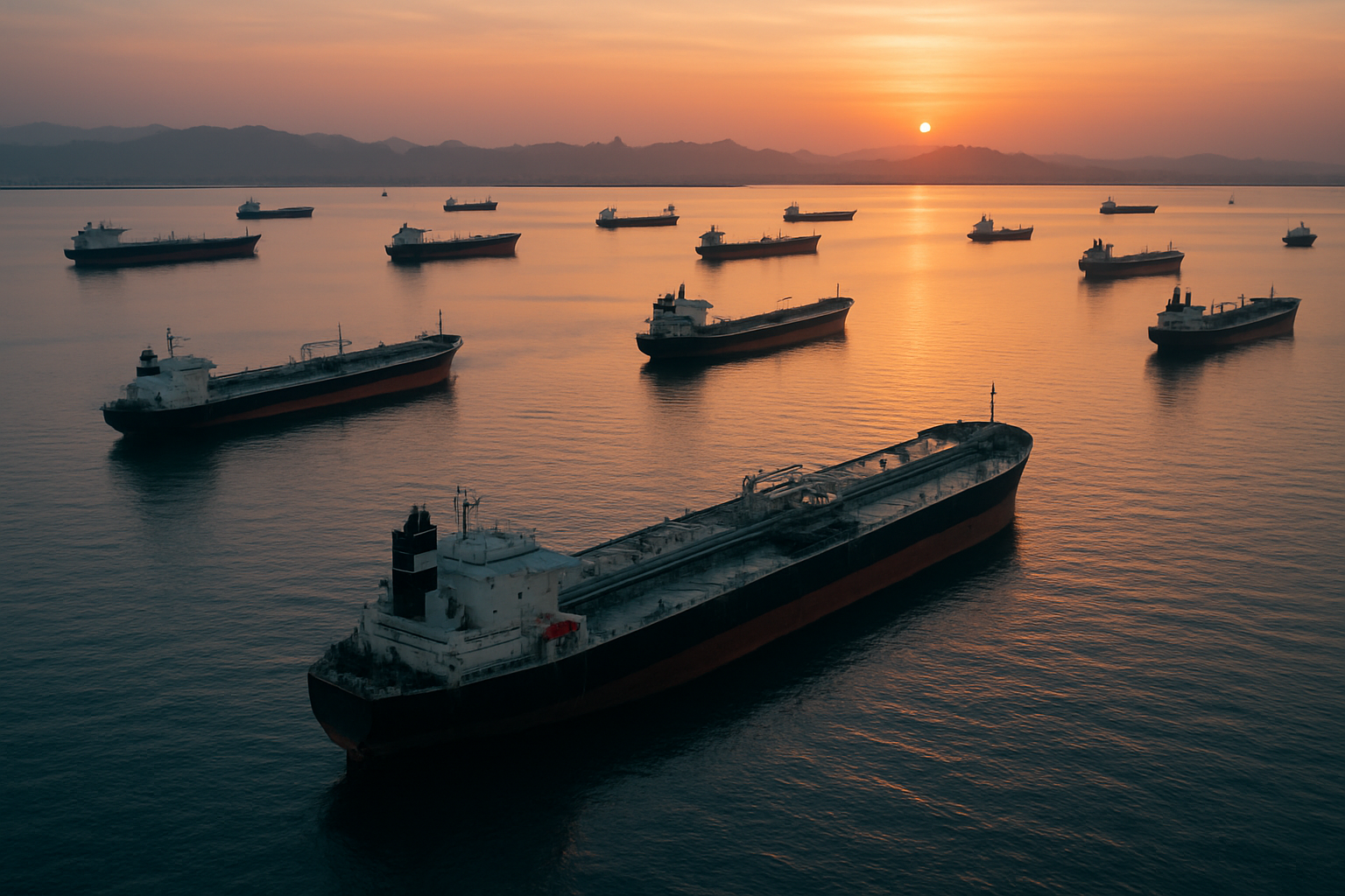 aerial view of oil tankers anchored in the Strait of Hormuz at dusk, water reflecting amber light from the horizon